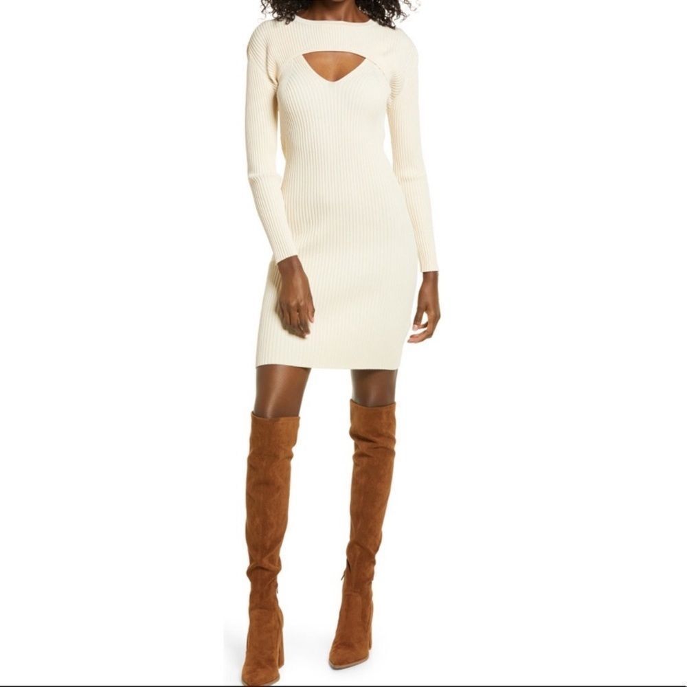 WAYF Clifton cut out look sweater long sleeve dress, Vanilla - Small